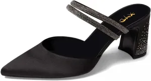 XYD Women Two Crystal Straps Pointed Toe Satin Mules Block Low Heel Slip-ons Sparkling Studs Dress Shoes