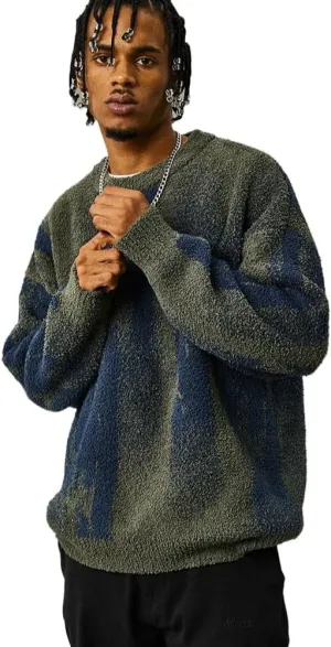 Y2K Men's Striped Knitted Sweater Loose Retro Oversized Casual Long Sleeved Pullover