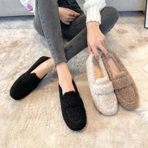 YTINGNICE Women's Plush Slippers Loafer,Warm Faux Fur Round Toe Indoor Outdoor Slip On Loafers Shoes Walking Casual Shoes
