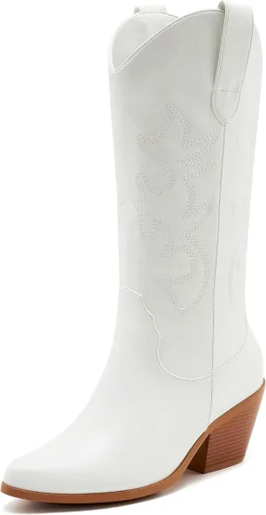ZXHYZLZ Western Cowboy Boots for Women - Mid Calf Embroidered Cowgirl Boots, Slip On Pointed Toe Chunky Heel Fashion Retro Classic Boots
